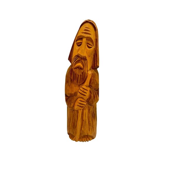 Vintage Carved Wood Folk Art Old Man Wiseman Monk Shepard Hand Carved 10" tall - Picture 1 of 7